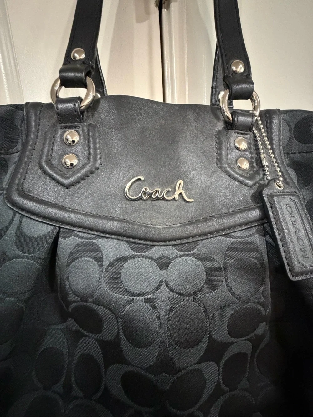Vintage Coach Ashley Signature Convertible Black Jacquard Tote with Leather Trim